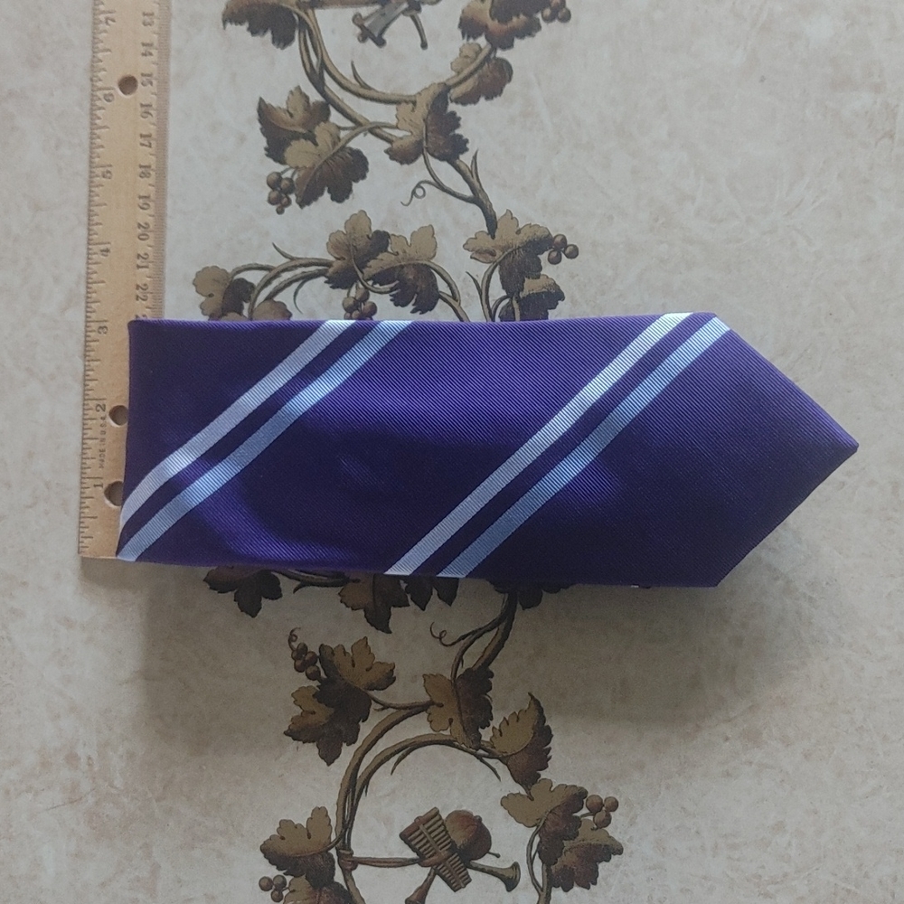 Men's silk tie. Purple with blue and gray stripes. Merona